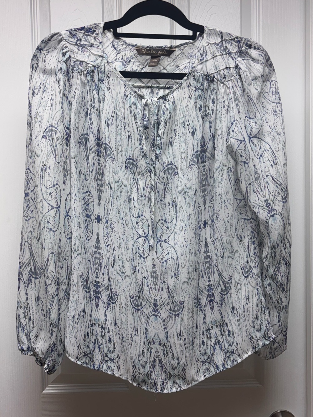 Charlie Jade Gray & Blue Paisley Print Long Sleeve Blouse